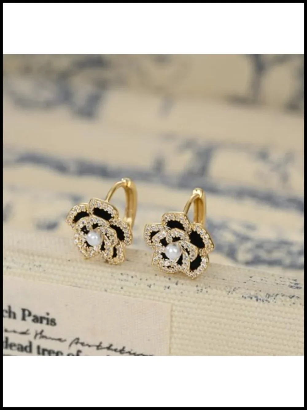 Black Rose Flower Huggie Hoop Earrings 925 Sterling Silver Pin Pearl CZ Floral